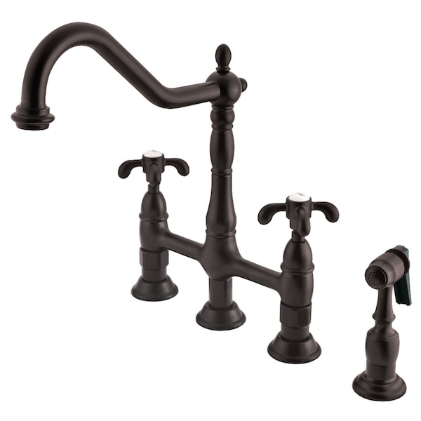 KS1275TXBS French Country Bridge Kitchen Faucet W/ Brass Sprayer, Brnz